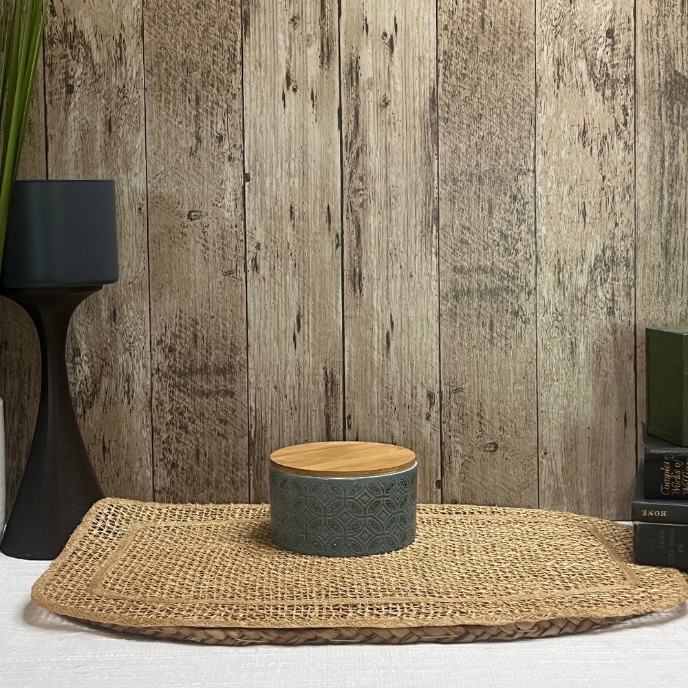 Ceramic Storage Jar w/ Bamboo Lid | Teal Embossed Sugar Tea Container (Teal)